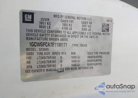 2014 Chevrolet Express 2500 Work Van из США, поврежденный, VIN 1GCWGFCA7E1198171